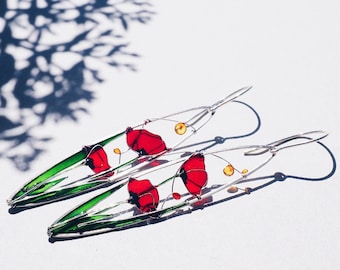 Red Poppies Elongated Earrings by KUKLAstudio. Red Flower Silver Earrings. Colorful Poppies Jewelry.