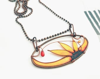 Sunflower Necklace by KUKLAstudio. Colorful Sunflower Pendant on a Chain. Amber Sunflower Jewelry.