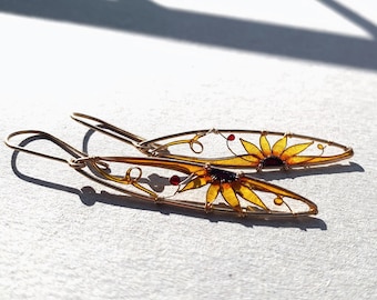 Elongated Sunflower Earrings by KUKLAstudio in 14K Gold Filled Wire. Stained Glass Effect. Unique Sunflower Jewelry. Gift for Her.