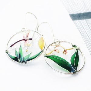 Sterling Silver Dragonfly Earrings: Colorful Lightweight Earrings. Stained Glass Efect