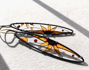 Sunflower Earrings in Silver and 14K Gold Filled by KUKLAstudio. Wire Jewelry. Stained Glass Effect. Unique Gift For Her. Sunflower Jewelry.