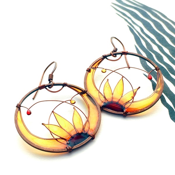 The Original Sunflower Earrings by KUKLAstudio. Round  Flower Earrings In Amber. Unique Wire Jewelry. Colorful Stained Glass Effect.