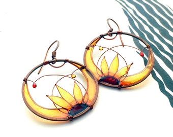 The Original Sunflower Earrings by KUKLAstudio. Round  Flower Earrings In Amber. Unique Wire Jewelry. Colorful Stained Glass Effect.