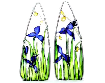 Iris Silver Earrings by KUKLAstudio. Blue And Green Flower Earrings. Colorful Flower Jewelry.