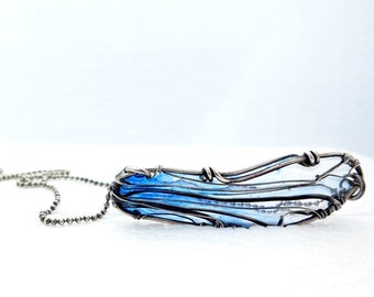 Close Up Dragonfly Necklace. Oxidized Silver Necklace With A Dragonfly Wing. Asymmetrical Necklace. Blue Dragonfly Jewelry.
