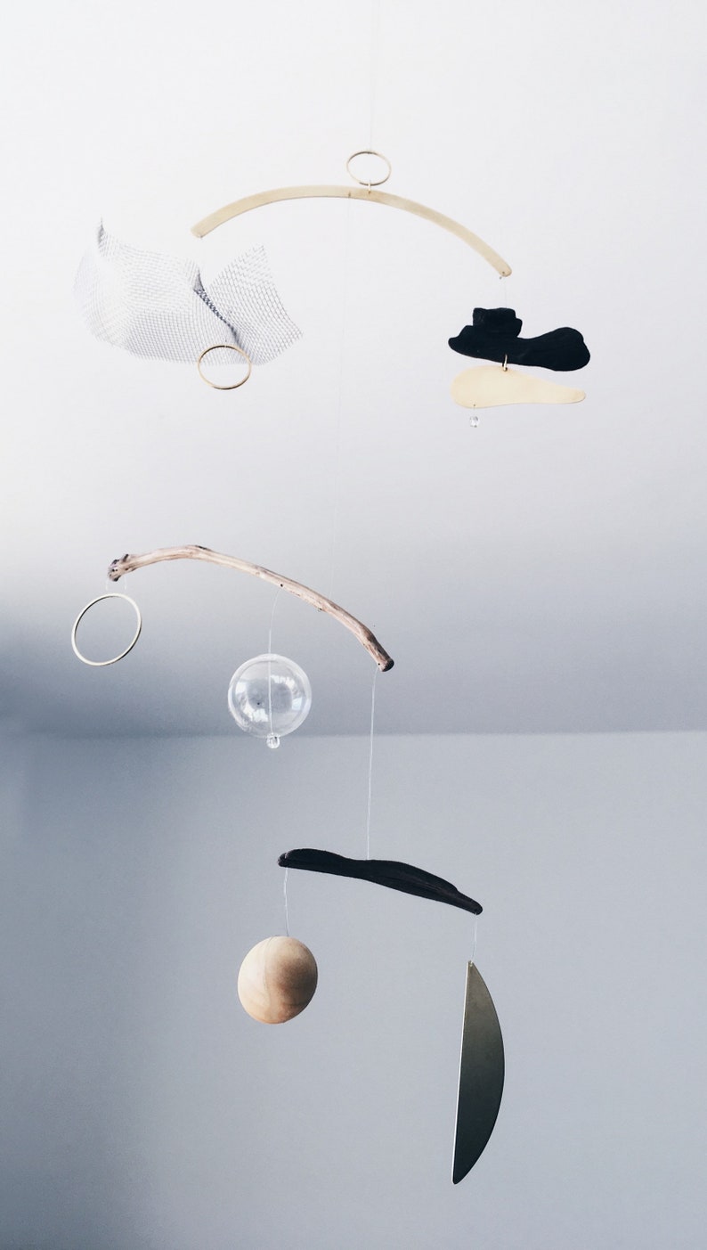 Driftwood Brass Mobile Kinetic Sculpture 011 by KUKLAstudio Art for home. Modern Interior Hanging Metal and Glass Mobile