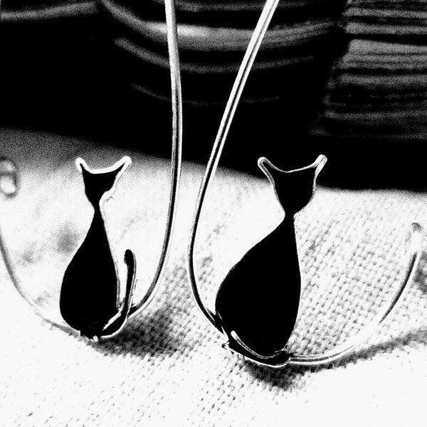 Black Cat Earrings. Cat Silver Earrings. Silver Hoops Earrings. Cat Jewelry. For Cat Lovers. Elegant Earrings. Minimal Jewelry.