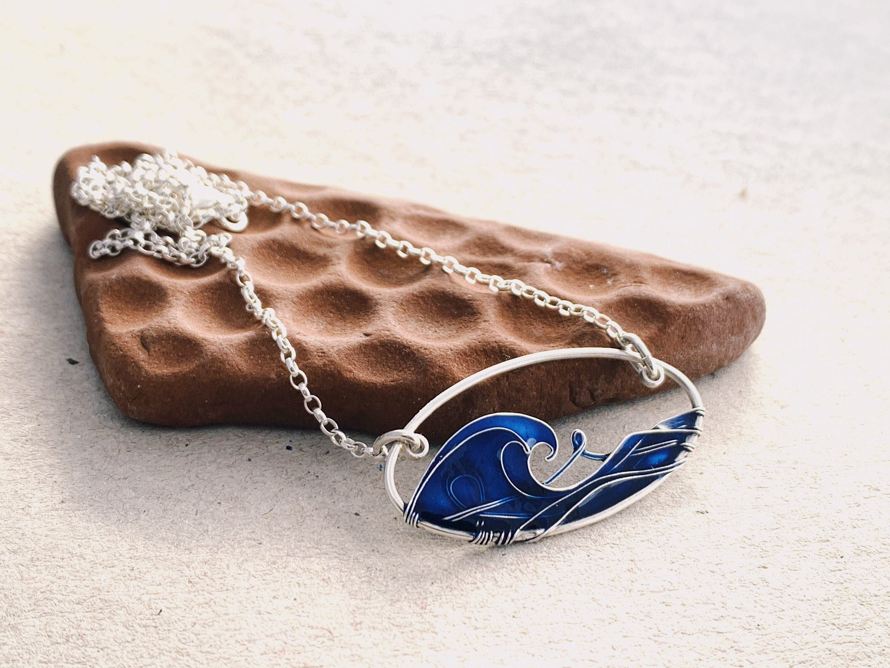 Blue Sea Necklace by KUKLAstudio. Sterling Silver Blue Necklace. Summer jewelry. Wave necklace. Sea Pendant. Original Design Necklace.thumbnail