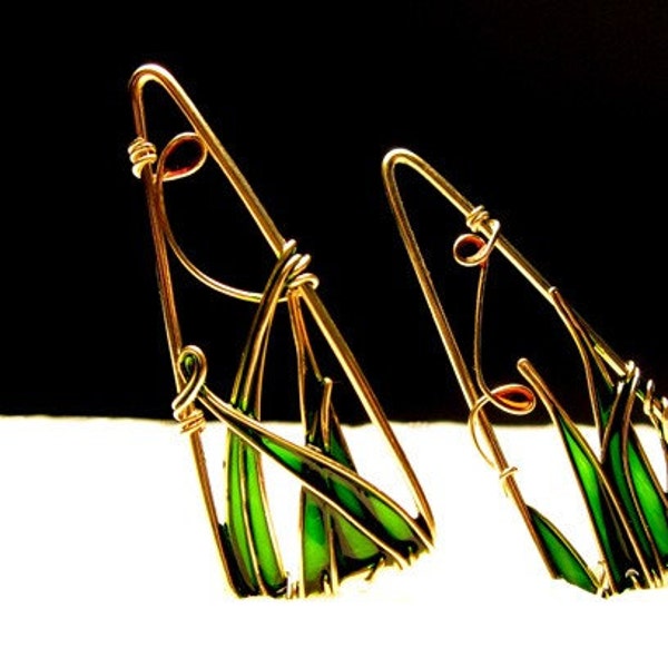 Triangle Earrings. 12K Gold Filled Earrings. Dangle Earrings. Colorful Earrings. Emerald Green Earrings.Lightweight Earrings. Green Jewelry