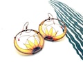 Sunflower Earrings: Amber Stained Glass Effect, Copper Wire Jewelry
