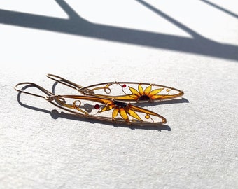 Elongated Sunflower Earrings by KUKLAstudio in 14K Gold Filled Wire. Stained Glass Effect. Unique Sunflower Jewelry. Gift for Her.