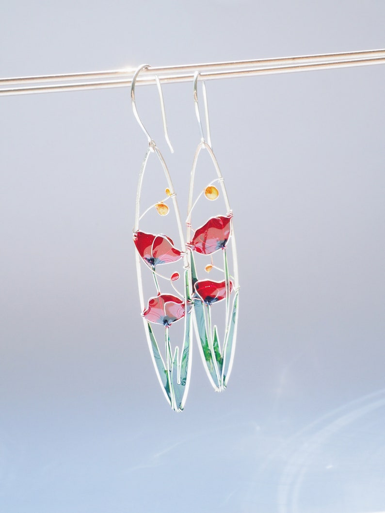Red Poppies Elongated Earrings by KUKLAstudio. Red Flower Silver Earrings. Colorful Poppies Jewelry. image 5