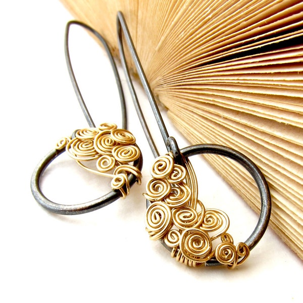Oxidized Silver Earrings. 12K Gold Filled Earrings. Dark Earrings. Circle Earrings. Dangle Earrings. Elegant Earrings. Festive Jewelry.