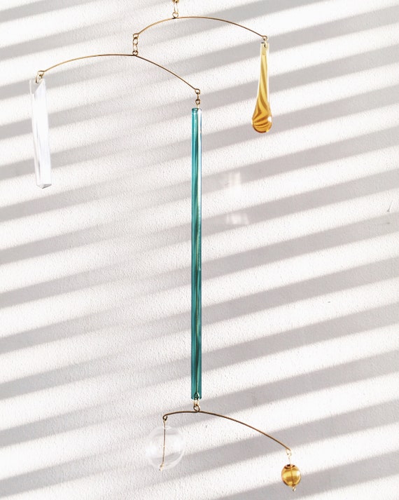 Driftwood Brass Mobile Kinetic Sculpture 011 by KUKLAstudio Art for home. Modern Interior Hanging Metal and Glass Mobile