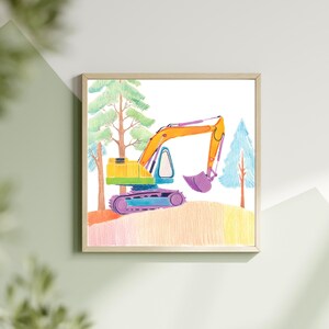 Lustiges Bagger Poster – Bleistiftzeichnung Stil Baukunst im Regenbogen Wald – Kinderzimmer Dekor auf Premium Glanzpapier