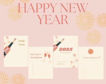 May include: Four printable cards with a New Year's Eve theme. The cards feature a champagne bottle, glasses, a disco ball, and the text "Happy New Year", "Drink Menu", "New Year's Resolutions", "2025", and "Music Requests".