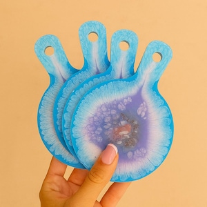 Ocean Blue Resin Coasters with Handle, Handmade Epoxy Coaster Set, Blue Geode-Inspired Drink Mats, Unique Gift for Coastal Home Decor
