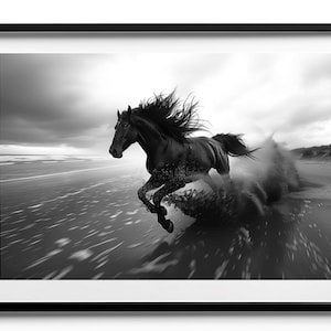 Wild Horse| Black Stallion | Monochrome Equine Print | Black Horse Galloping on the Beach |  Black and White Fine Art Photography