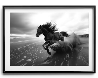 Wild Horse| Black Stallion | Monochrome Equine Print | Black Horse Galloping on the Beach |  Black and White Fine Art Photography