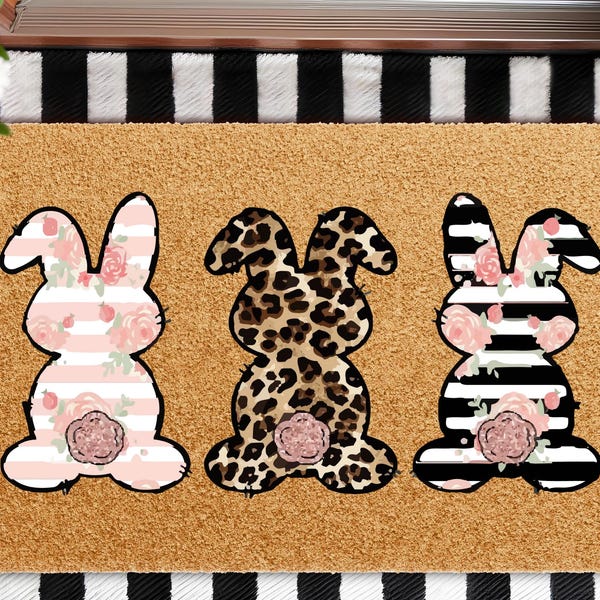 Cute Bunnies Welcome Doormat, Adorable Rabbit Front Door Mat, Spring Easter Porch Entryway Decor, Sweet Home Accent, Housewarming Gift
