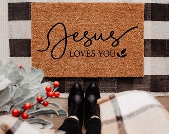 Christian Welcome Mat, Faith Inspired Doormat, Housewarming Gift for New Home Owner, Jesus Loves You Welcome Mat, Religious Front Door Rug
