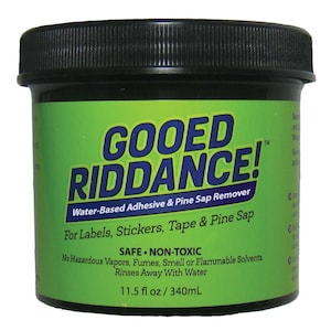 Gooed Riddance: Safe Non-Toxic water-based Adhesive and Pine Sap Remover. Rinse away with water. No solvents or fumes.