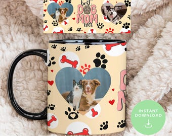 Dog Mug Wrap, Paw Print Photo Mug, 2 Photos, PNG, Sublimation Template, Editable Canva Template, Paw Print Mug Wrap, Best Dog Mom Ever