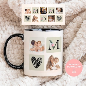 Puede incluir: Taza de cerámica blanca con borde negro, con un collage de cuatro imágenes. La imagen superior izquierda muestra a una madre y un niño, la imagen superior derecha muestra la letra "M" con acentos florales, la imagen inferior izquierda muestra un corazón blanco y negro, y la imagen inferior derecha muestra a una madre y un niño. La taza tiene las palabras "INSTANT DOWNLOAD" impresas en el lateral.