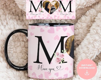 I love you, MOM mug in PNG format, Heart-shaped photo template with floral design for sublimation, Personalized Mother's Day gift,