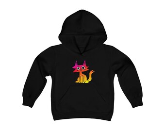 May include: Black hooded sweatshirt with a rainbow gradient cat illustration. The cat has large eyes and a playful expression.