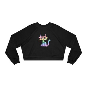 May include: Black cropped sweatshirt with a rainbow cat graphic. The cat has large eyes and a long tail.