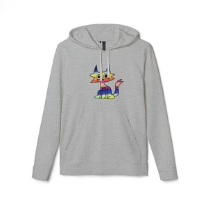 May include: A gray hooded sweatshirt with a rainbow cat graphic on the front. The cat has big eyes and a wide smile.