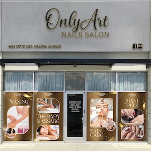 May include: Exterior view of a nail salon with the name "Only Art Nails Salon" in gold lettering. The storefront features large windows with service advertisements for waxing, massage, skincare, and mani-pedis. The address is 1234 Any Street, Atlanta, GA 30000.