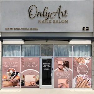Könnte beinhalten: Außenansicht eines Nagelstudios mit dem Namen "Only Art Nails Salon". Die Schaufenster zeigen Dienstleistungen wie Massage, Head Spa, Augenbrauen-Tattoos und Mani-Pedis. Die Geschäftszeiten sind ebenfalls angegeben.