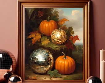 Stampa di zucca da discoteca di Halloween, zucche da discoteca, arte murale di Halloween, dipinto di zucca, stampa artistica autunnale, arte murale stampabile