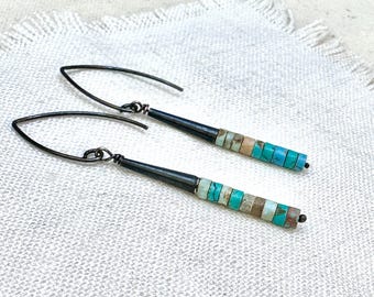 Oxidized Sterling Silver Turquoise Heishi Dangle Earrings, Southwestern Boho Artisan Jewelry
