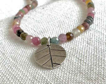 Tourmaline Necklace: Sterling Silver Leaf Pendant, Gemstone Strand
