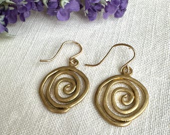 Whimsical Yellow Bronze Swirl Earrings – Handmade Dangle Jewelry by iNk Jewelry