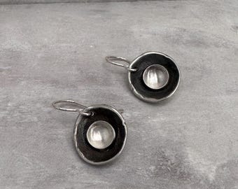 Hollow Moon Sterling Silver Bowl Earrings: Oxidized Dangle Modern Sculptural Drop by iNk Jewelry