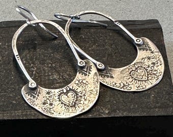 Handmade Sterling Sacred Heart Hoops – Textured Drop Earrings by iNk Jewelry