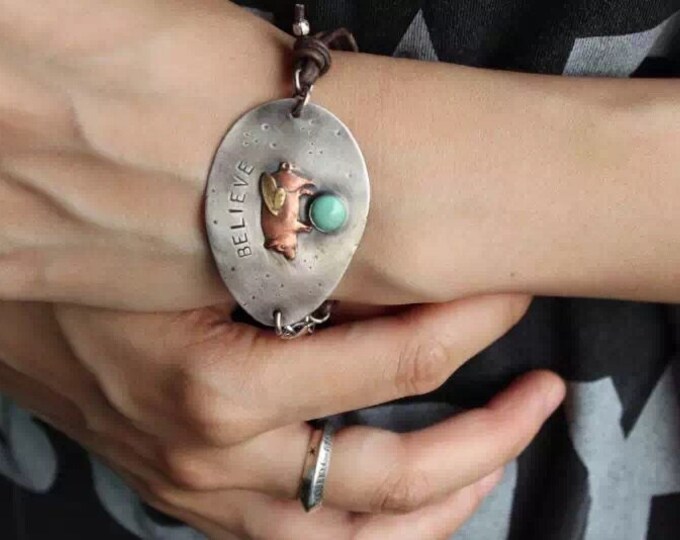 BELIEVE - RECYCLED SPOON Bracelet in Solid  Sterling Silver and Turquoise