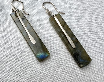 Labradorite and Sterling Silver Long Rectangle Earrings "Slice" by iNk Jewelry