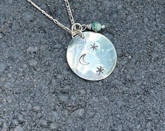 Sterling Silver Crescent Moon Necklace: Aventurine Gemstone, Handmade