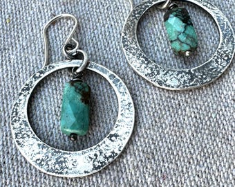 Hammered Sterling Silver Turquoise Earrings – Handmade Dangle Jewelry Big Sky by iNk Jewelry