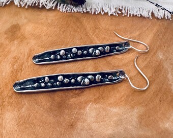 Sterling Silver Dangle Earrings – Oxidized Textured Bar, Artisan Handmade, 2" Drop, Rustic Modern Jewelry Bounty by iNk Jewelry