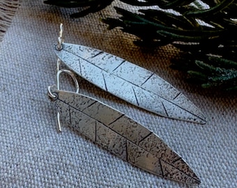 Handmade Sterling Silver Leaf Earrings: Long Boho Dangle Jewelry