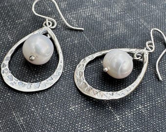LOV Pearl Drop Earrings Sterling Silver Hammered Pear Shape by iNk Jewelry