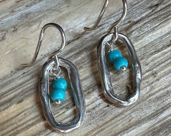 Aah Drop Earrings – Sterling Silver Oval Dangle with Turquoise Beads by iNk Jewelry