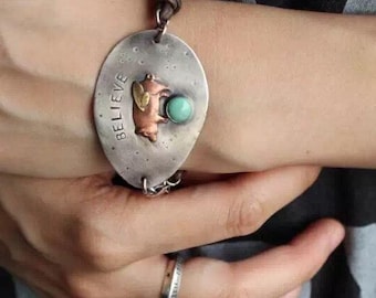 Whimsical Flying Pig Bracelet - Upcycled Spoon Silver & Turquoise by iNk Jewelry