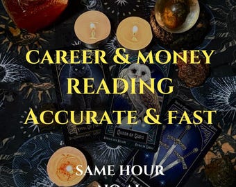 May include: An image featuring tarot cards, candles, and a crystal ball, with the text "CAREER & MONEY READING ACCURATE & FAST SAME HOUR NO AI". The cards depict an owl, a black cat, and swords.
